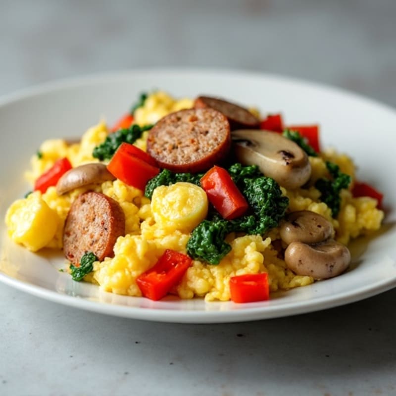 Fluffy Egg Scramble with Lean Turkey Sausage and Roasted Vegetables