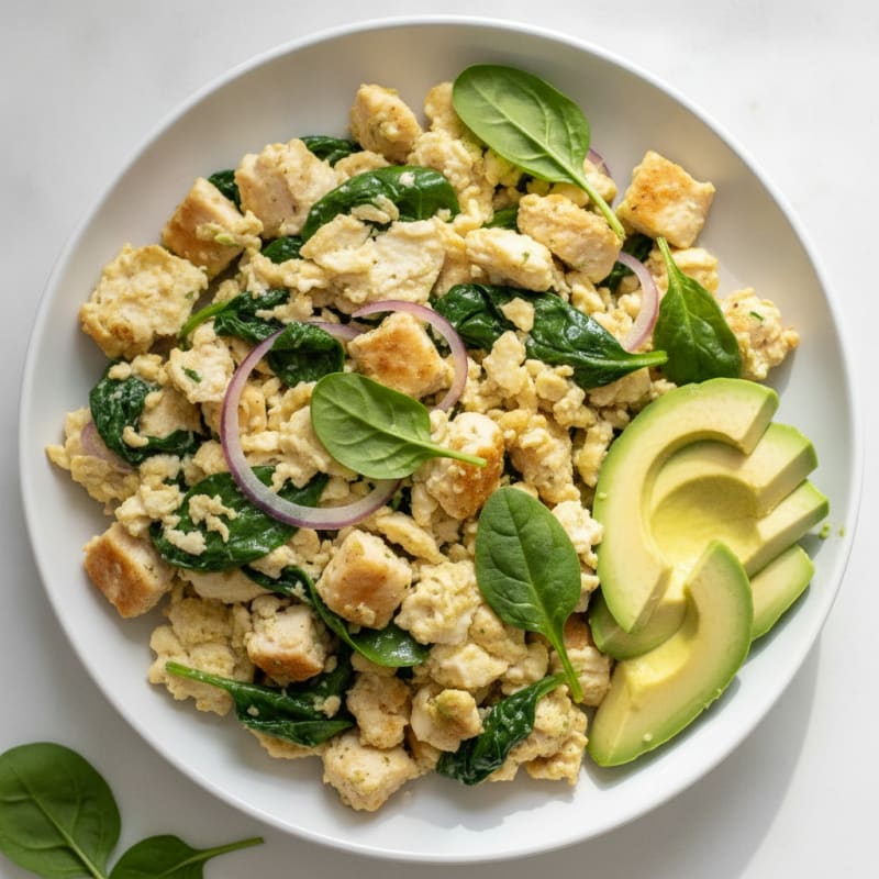 Chicken and Spinach Egg White Scramble with Sliced Avocado