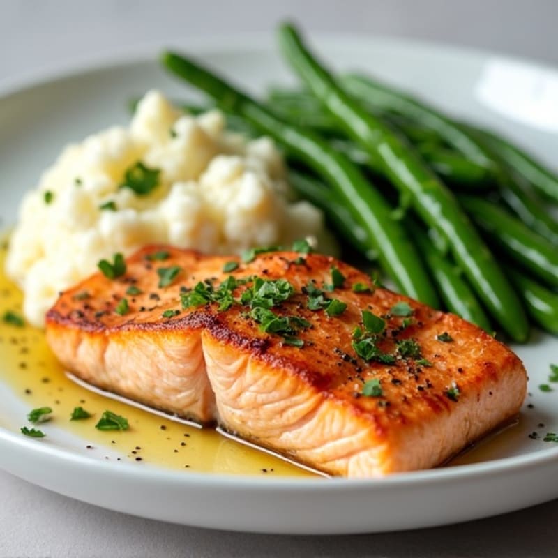 Seared Salmon Fillet with Garlic Green Beans and Mashed Cauliflower