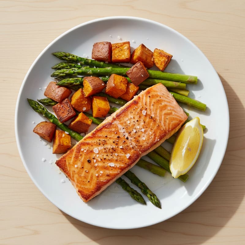 Seared Salmon with Roasted Sweet Potato and Asparagus