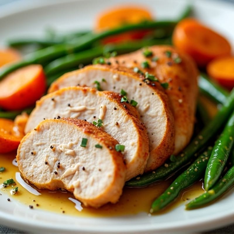 Seared Turkey Breast with Roasted Sweet Potato and Green Beans