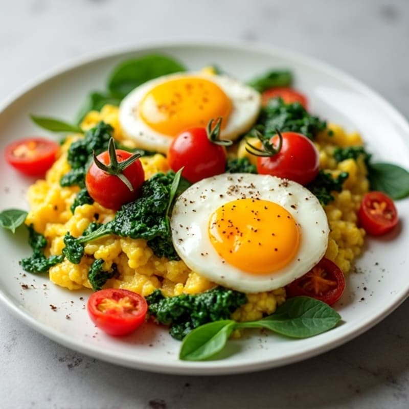 Protein-Packed Scrambled Eggs with Sautéed Spinach and Cherry Tomatoes
