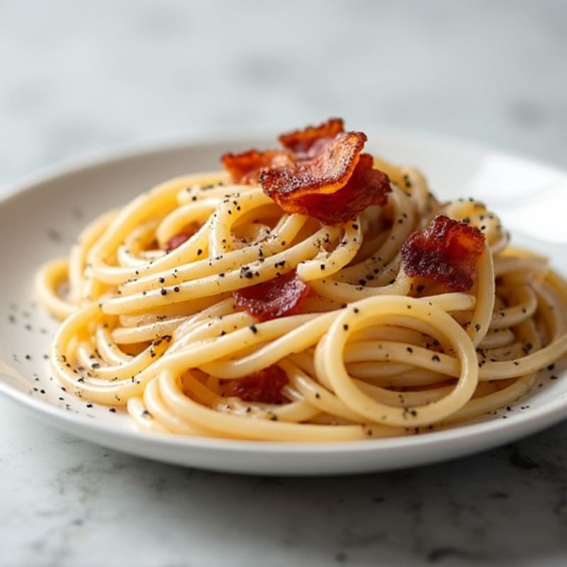 Creamy Whole Wheat Spaghetti with Lean Turkey Bacon and Freshly Cracked Black Pepper