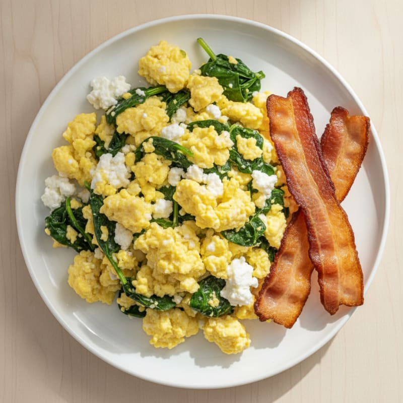 Cottage Cheese Egg Scramble with Spinach and Turkey Bacon