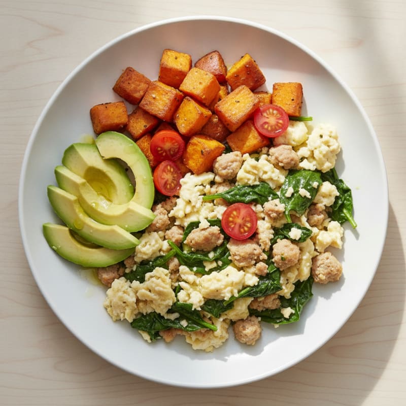 Egg White Scramble with Turkey Sausage and Sautéed Spinach