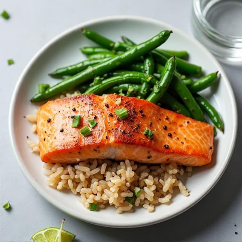 Seared Salmon with Garlic Green Beans and Brown Rice