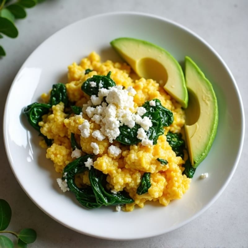 Spinach and Feta Egg White Scramble with Sliced Avocado