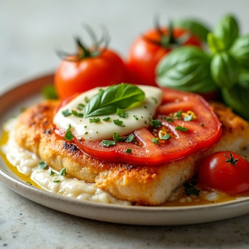Pan-Seared Chicken with Fresh Tomato, Melted Mozzarella, and Basil