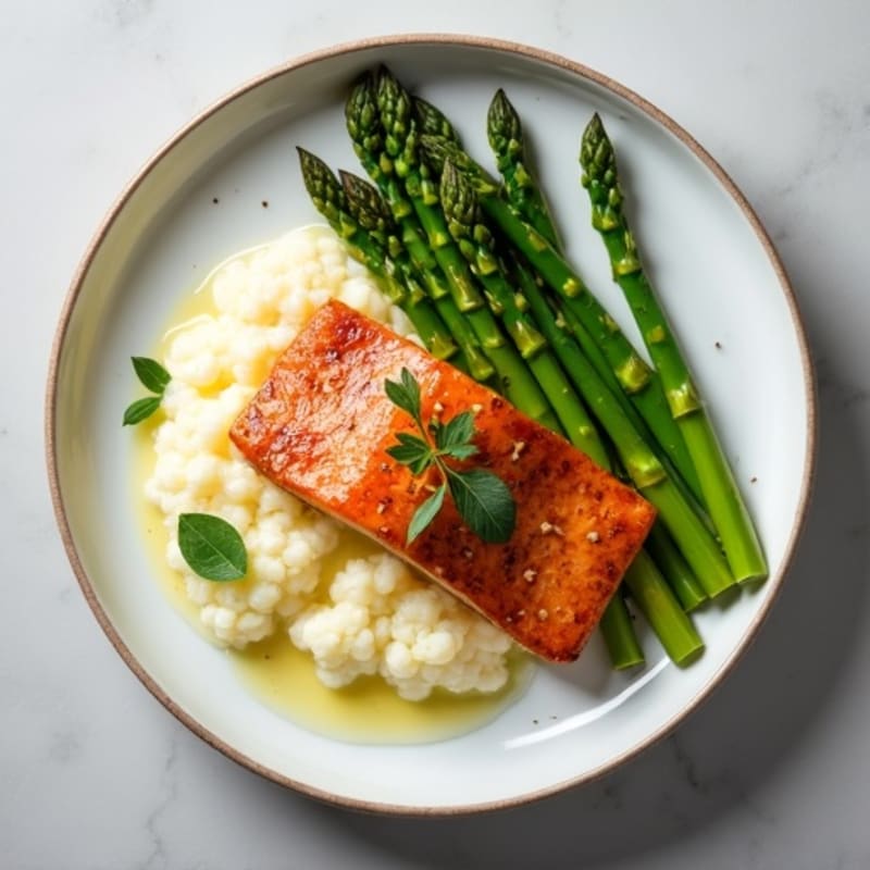 Seared Salmon with Steamed Asparagus and Cauliflower Mash