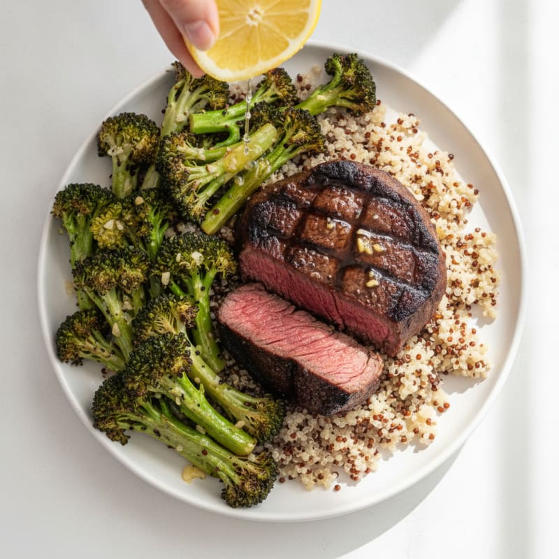 Grilled Bison Steak with Roasted Broccoli and Quinoa