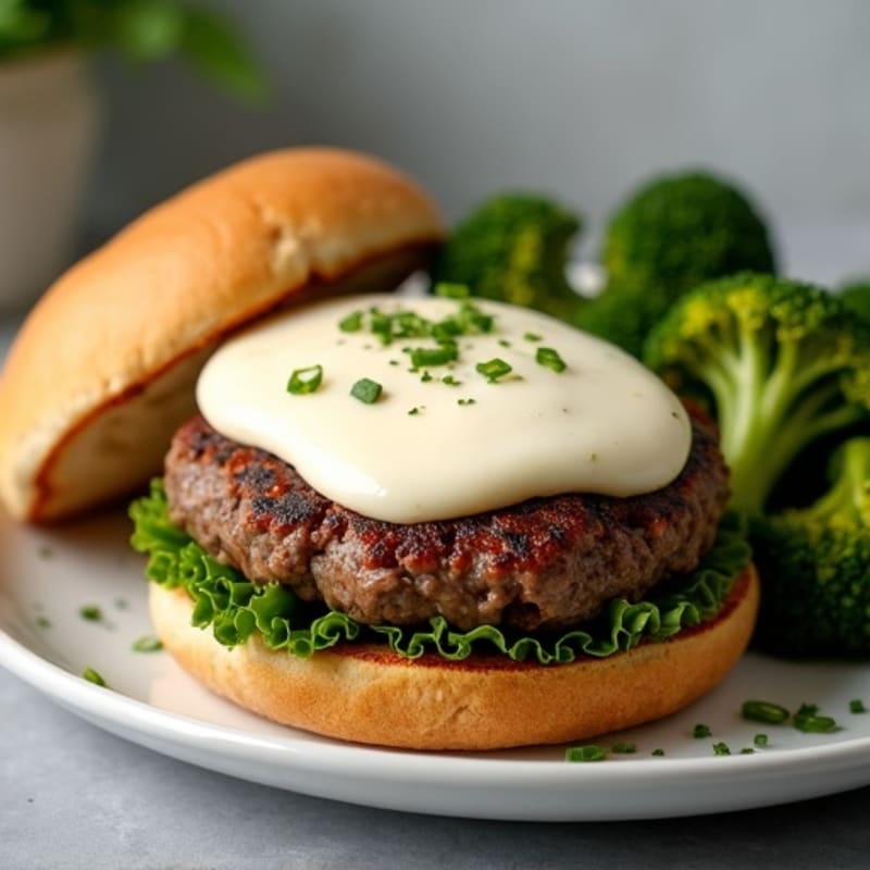 Pan-Seared Lean Beef Burger with Melted Mozzarella and Roasted Broccoli