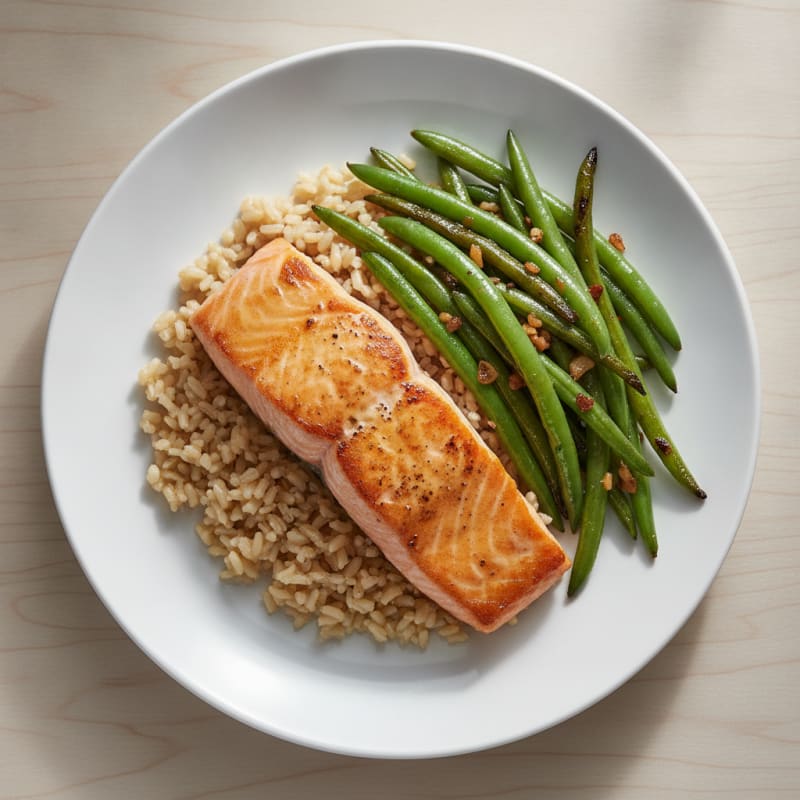 Seared Salmon with Garlic Green Beans and Brown Rice