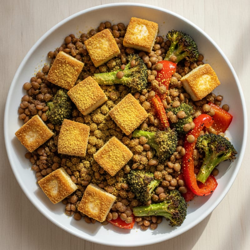 Crispy Tofu and Lentil Power Bowl with Roasted Vegetables
