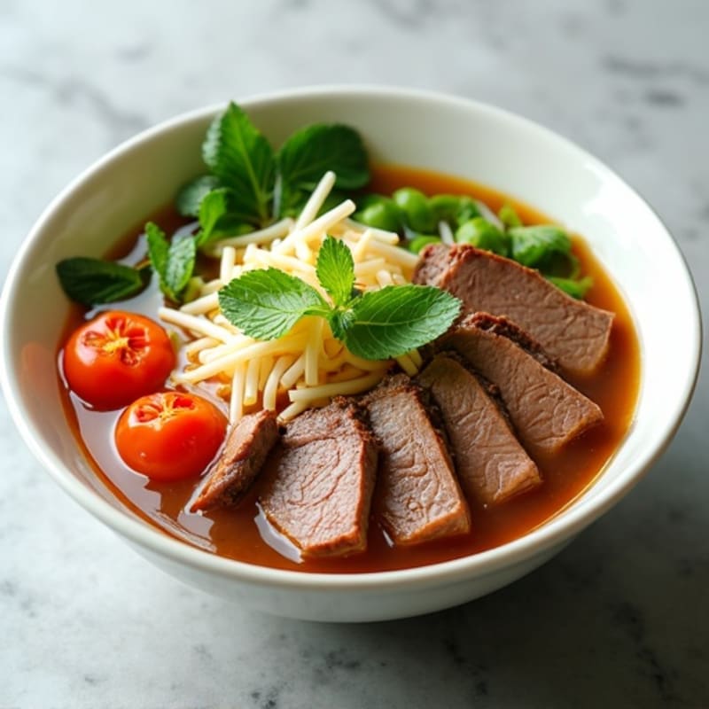Lean Beef Noodle Broth with Fresh Herbs and Crisp Sprouts