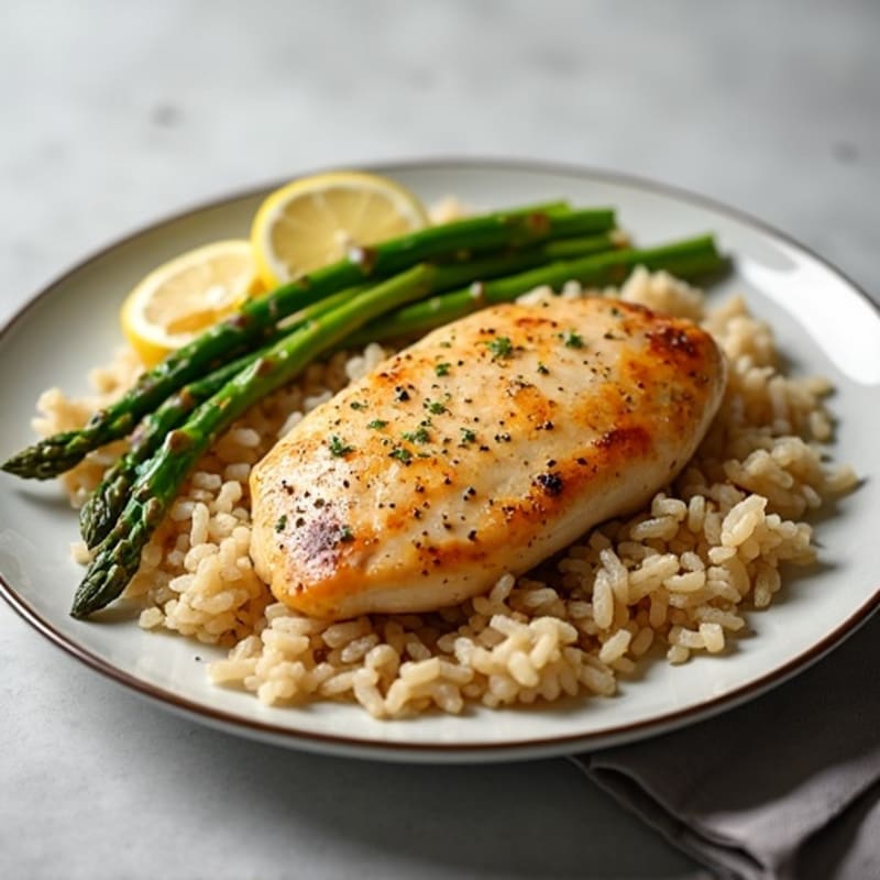 Lemon Garlic Chicken with Fluffy Brown Rice and Roasted Asparagus