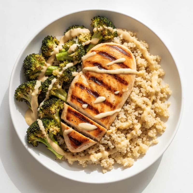 Grilled Chicken and Quinoa Bowl with Roasted Broccoli and Lemon Tahini Drizzle