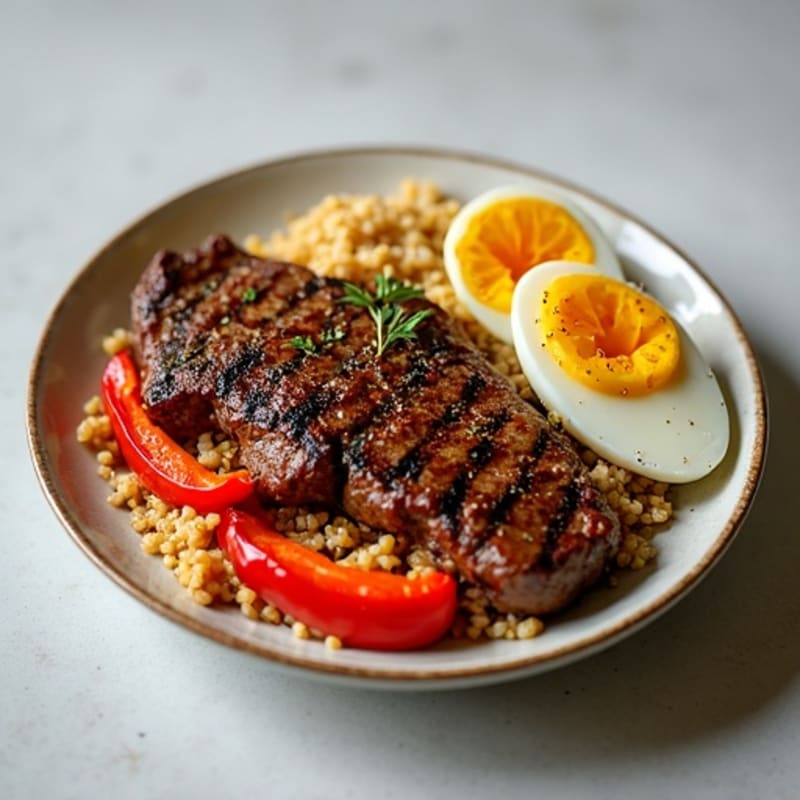 Citrus-Garlic Seared Steak with Roasted Peppers and Quinoa