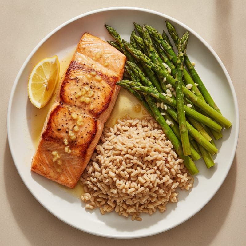 Seared Salmon with Lemon-Garlic Asparagus and Brown Rice