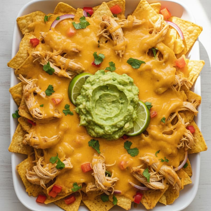 Sheet Pan Chicken Nachos with Zesty Guacamole