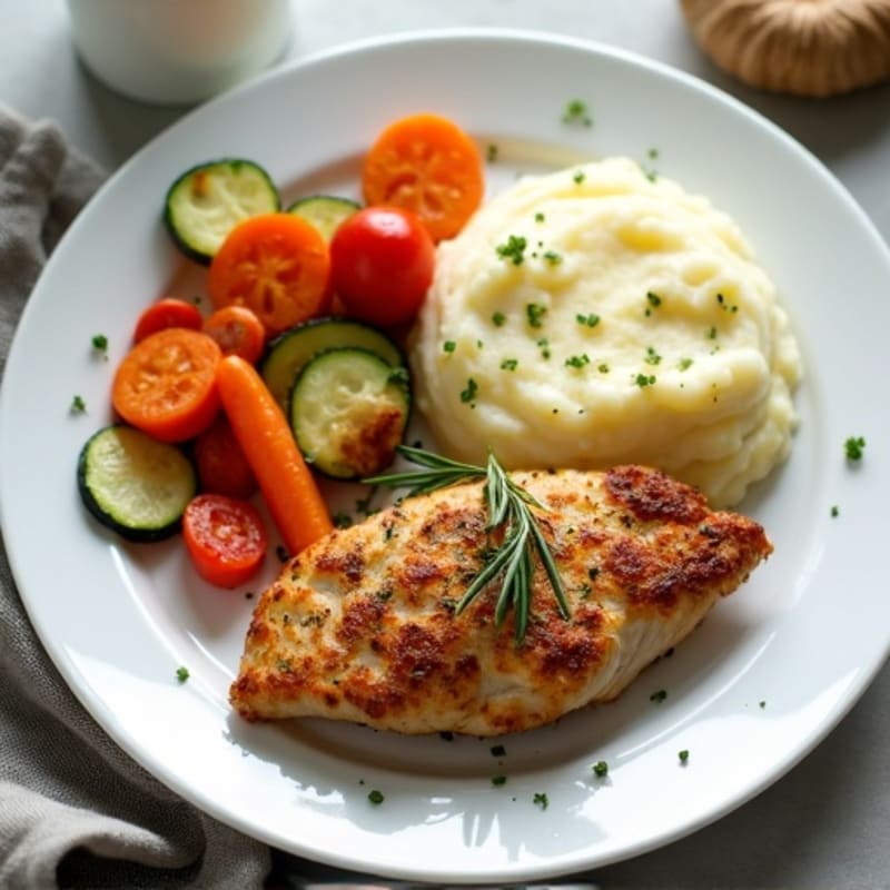 Crispy Herb Chicken Breast with Creamy Mashed Potatoes and Roasted Mixed Vegetables