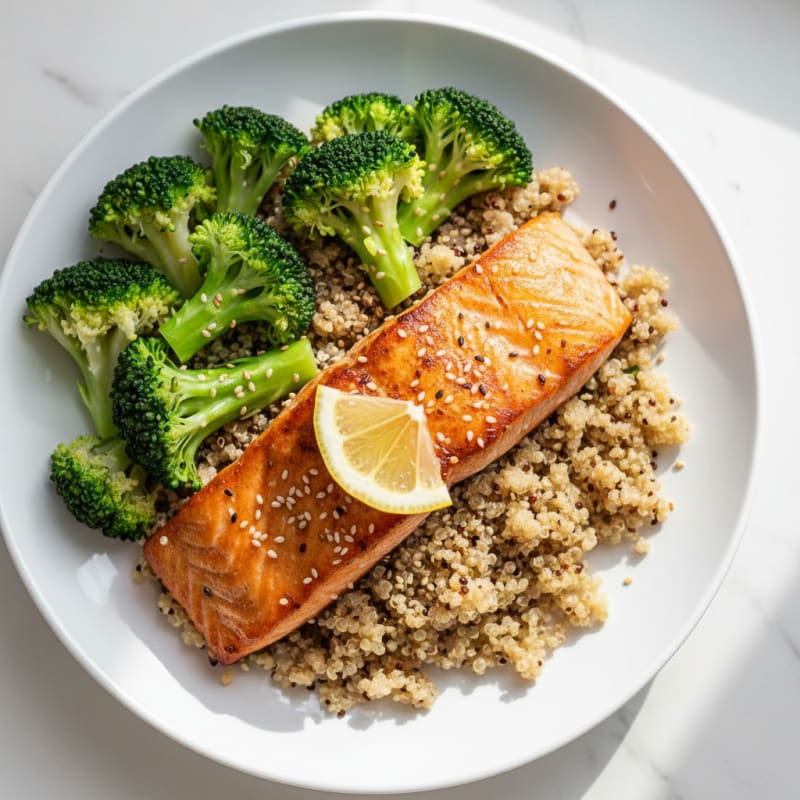 Seared Salmon Fillet with Steamed Broccoli and Quinoa