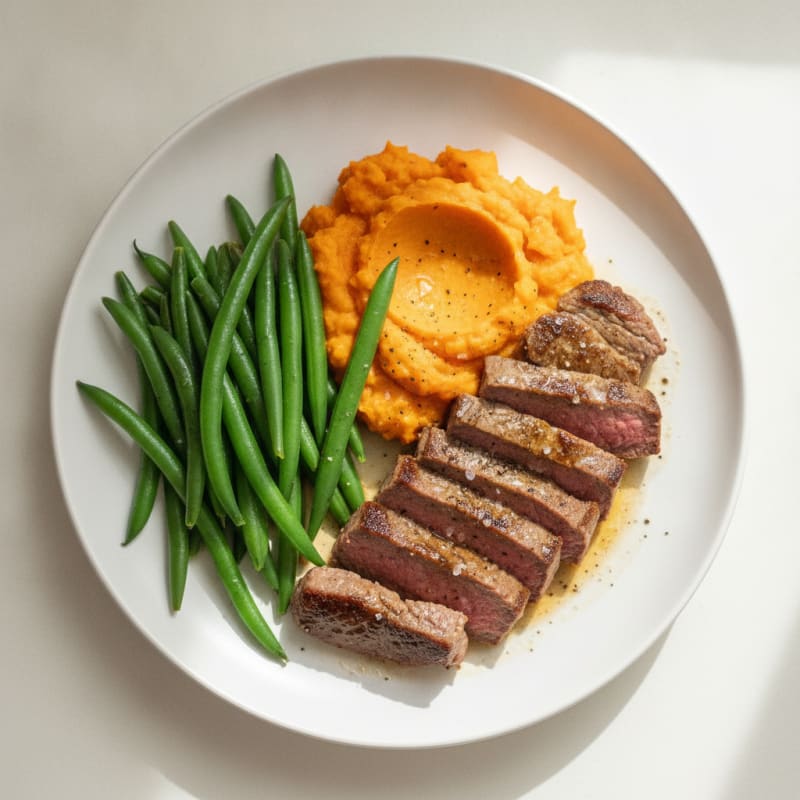 Seared Lean Beef Strips with Steamed Green Beans and Sweet Potato Mash
