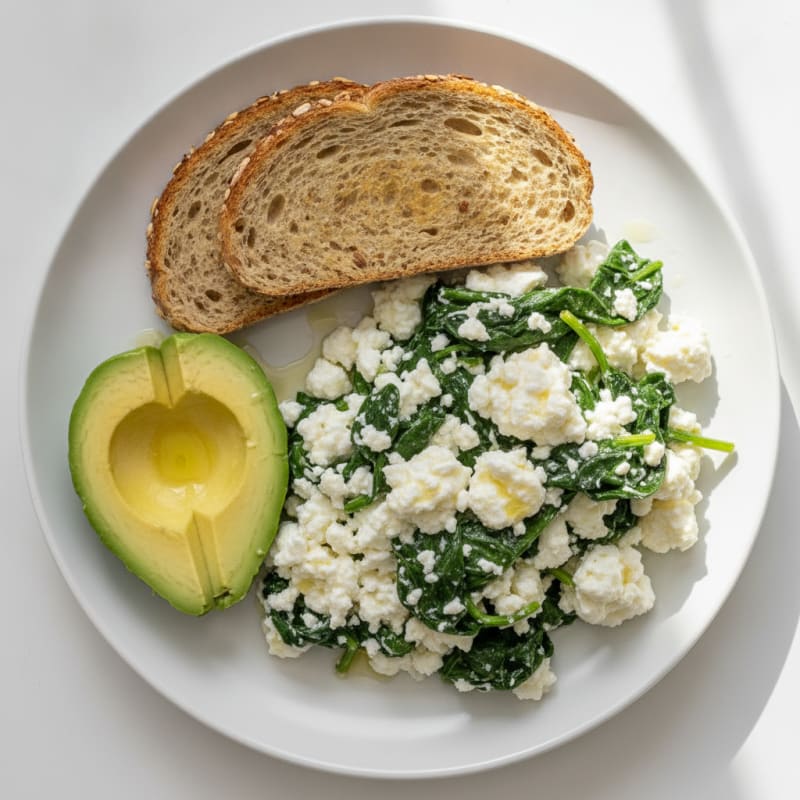 Egg White Scramble with Cottage Cheese and Sautéed Spinach