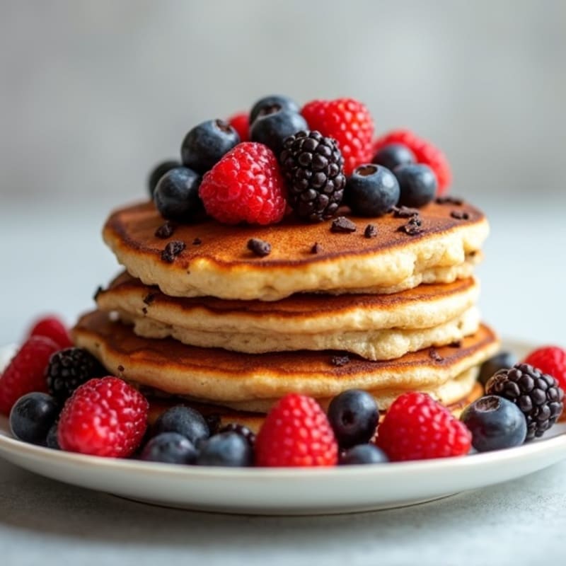 Whole Wheat Fluffy Chocolate Chip Pancakes with Fresh Berries