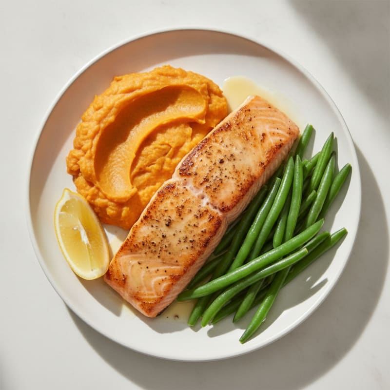 Seared Salmon with Steamed Green Beans and Sweet Potato Mash
