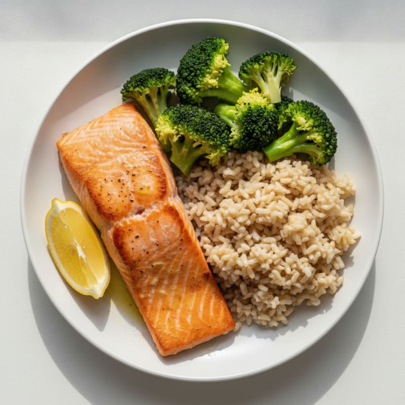 Seared Salmon with Steamed Broccoli and Brown Rice