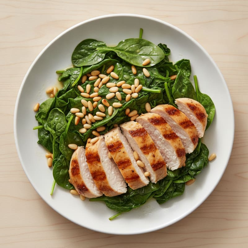 Garlic Spinach with Chicken and Toasted Pine Nuts