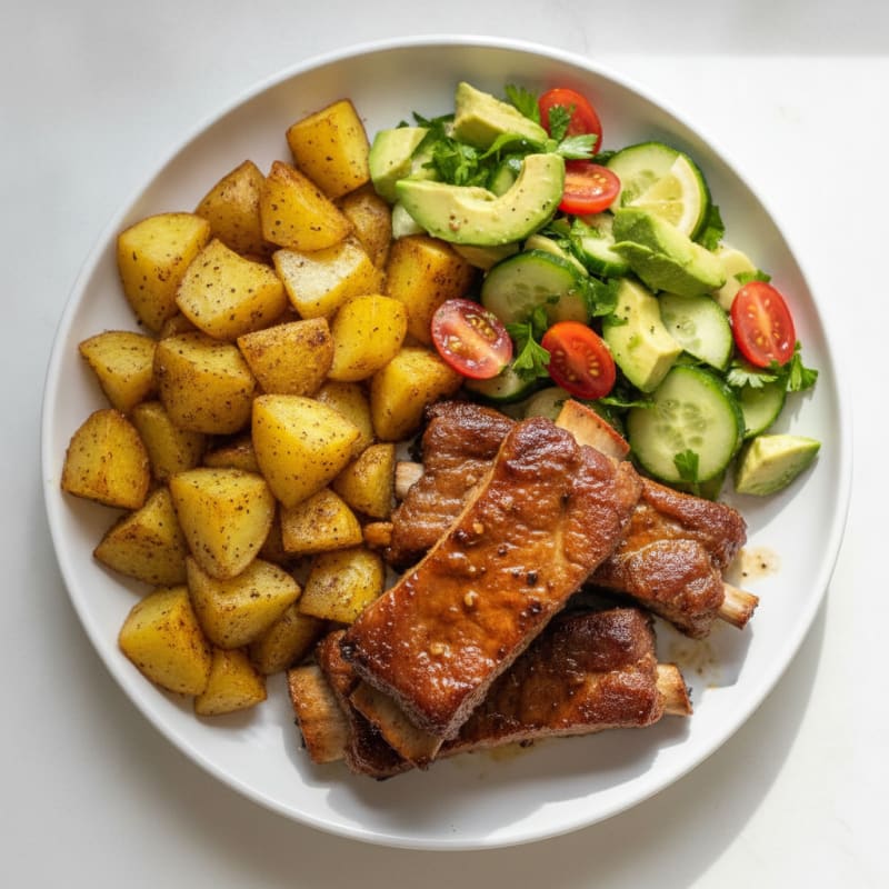 Country Ribs with Roasted Potatoes and Avocado Salad