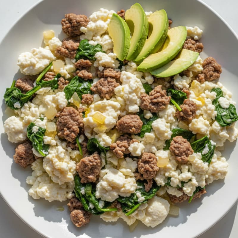 Egg White Scramble with Lean Ground Beef and Spinach