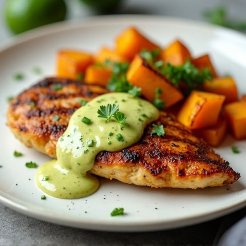 Grilled Chicken with Creamy Avocado Sauce and Roasted Sweet Potatoes