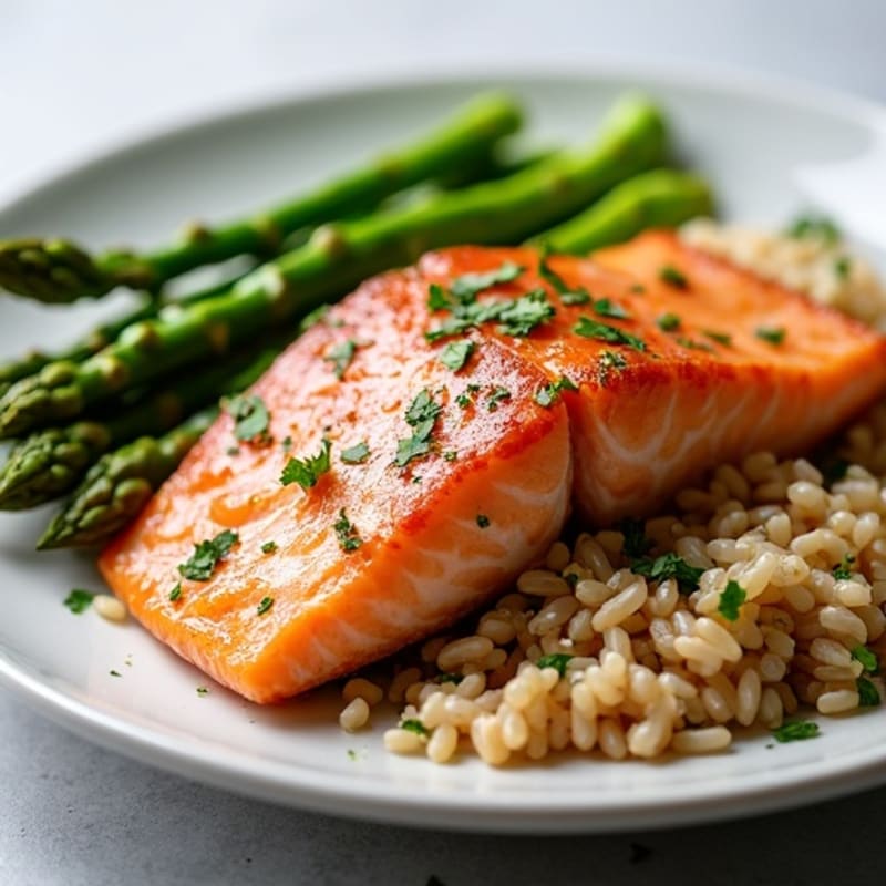 Seared Salmon with Steamed Asparagus and Brown Rice