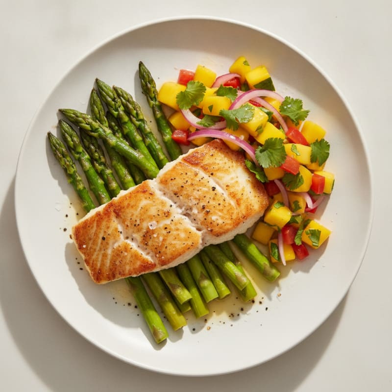 Pan-Seared Halibut with Roasted Asparagus and Mango Salsa
