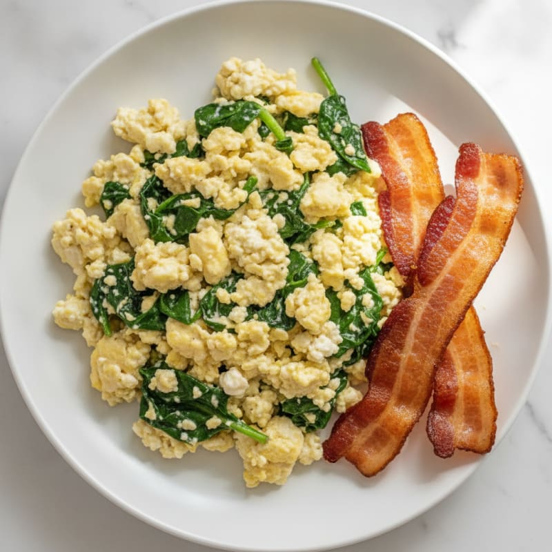 Cottage Cheese Egg Scramble with Spinach and Turkey Bacon