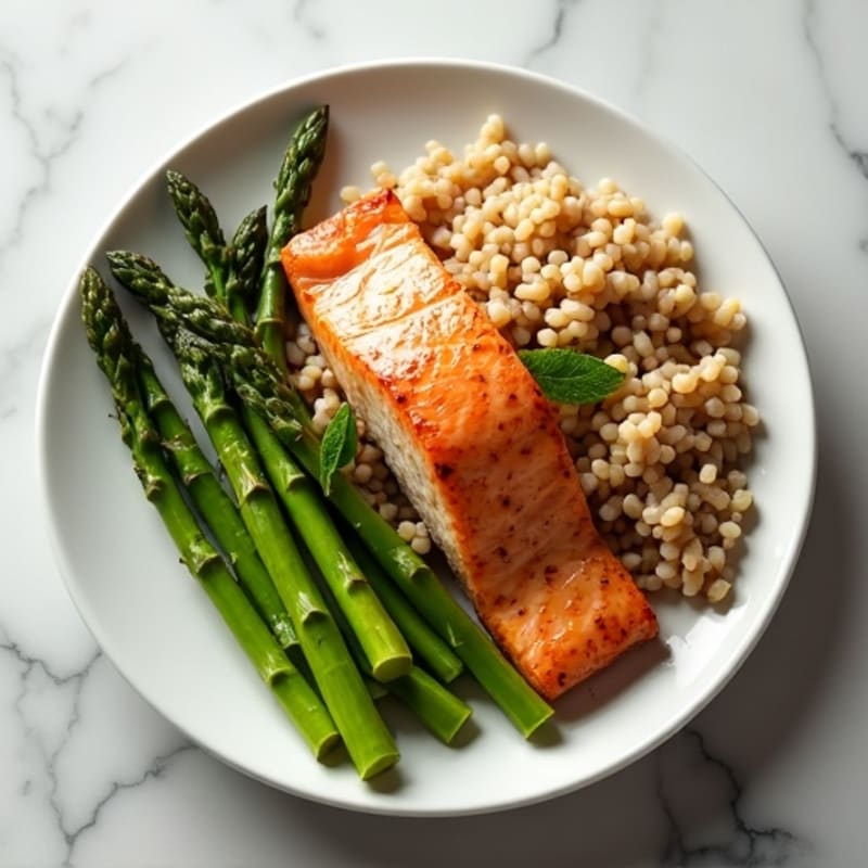 Seared Salmon with Steamed Asparagus and Brown Rice