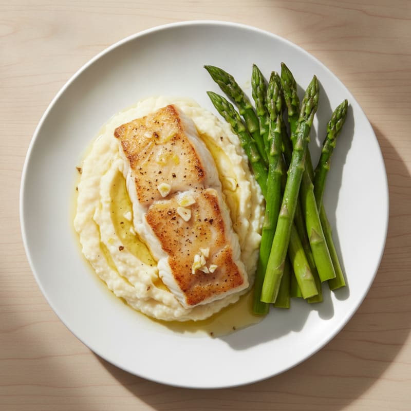 Baked Cod with Steamed Asparagus and Cauliflower Mash