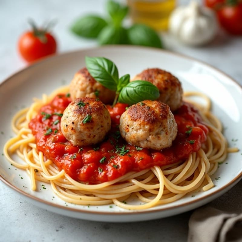 Tender Turkey Meatballs with Whole Wheat Spaghetti and Fresh Herb Tomato Sauce
