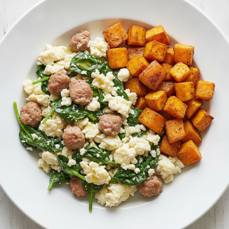 Egg White and Turkey Sausage Scramble with Spinach and Roasted Sweet Potato