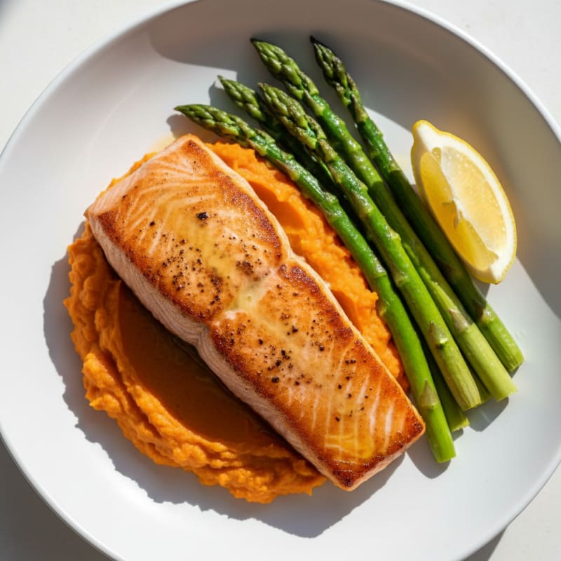 Seared Salmon with Roasted Asparagus and Sweet Potato Mash
