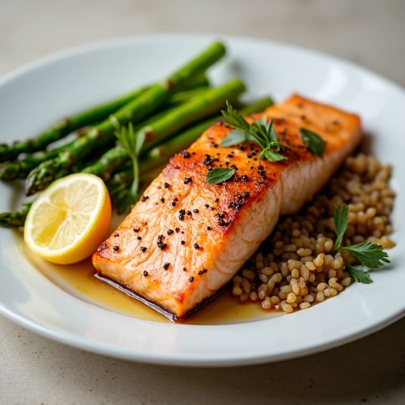 Pan-Seared Salmon with Steamed Asparagus and Brown Rice
