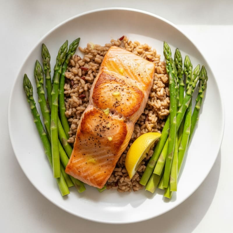 Seared Salmon with Steamed Asparagus and Brown Rice