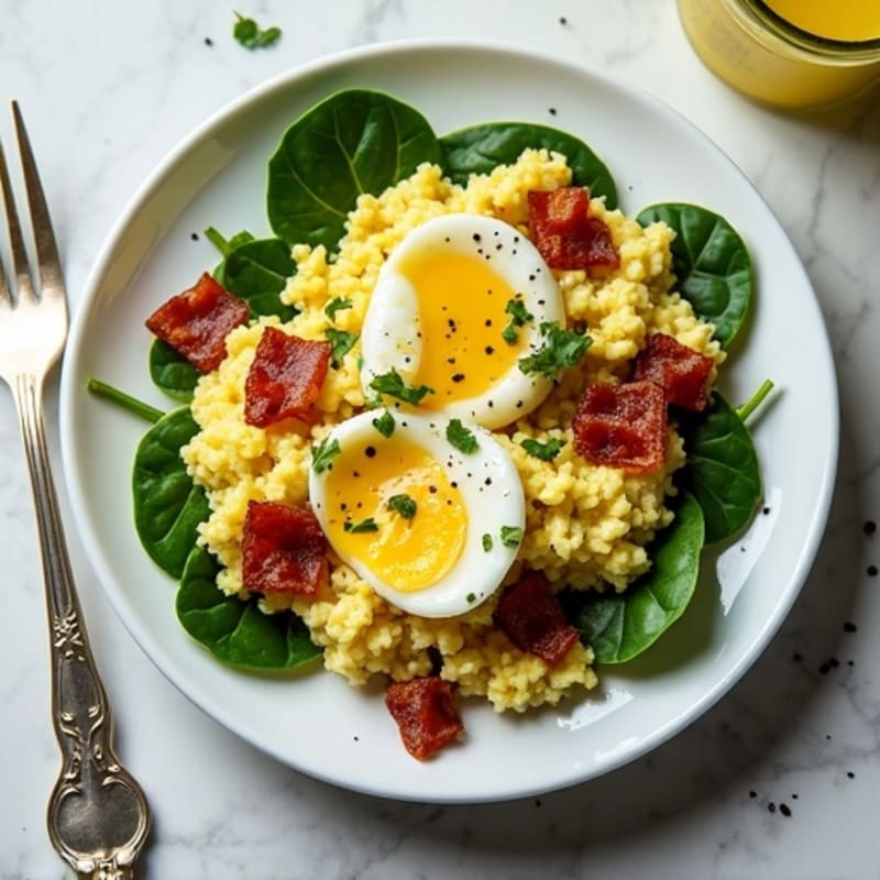 Cottage Cheese Scramble with Spinach and Sautéed Turkey Bacon