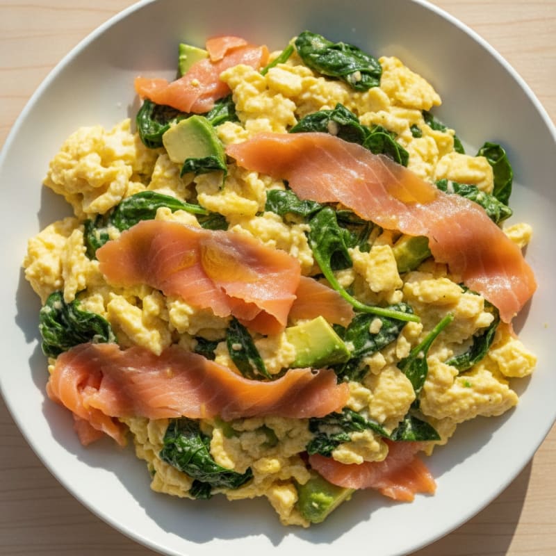 Creamy Scrambled Eggs with Smoked Salmon and Spinach