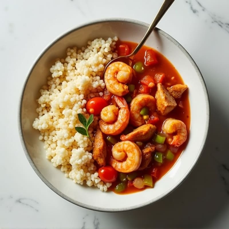 Spicy Shrimp and Chicken Gumbo with Cauliflower Rice