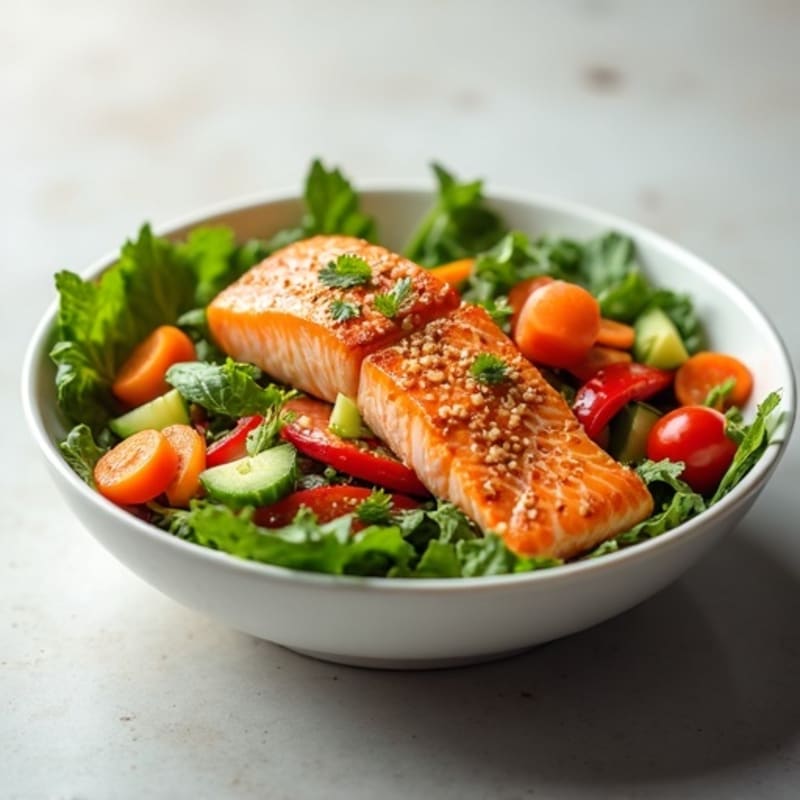 Fresh Salmon Bowl with Vibrant Vegetables and Sesame-Ginger Dressing