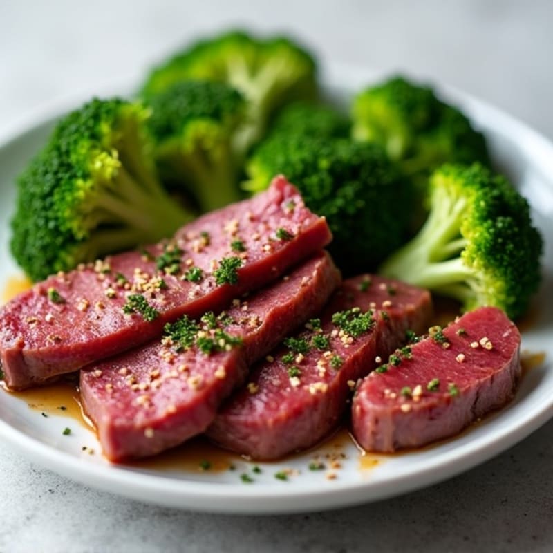 Seared Lean Beef Strips with Steamed Broccoli