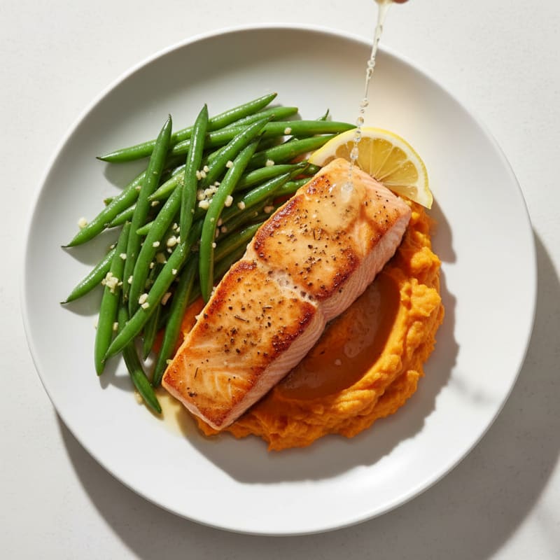 Seared Salmon Fillet with Garlic Green Beans and Sweet Potato Mash